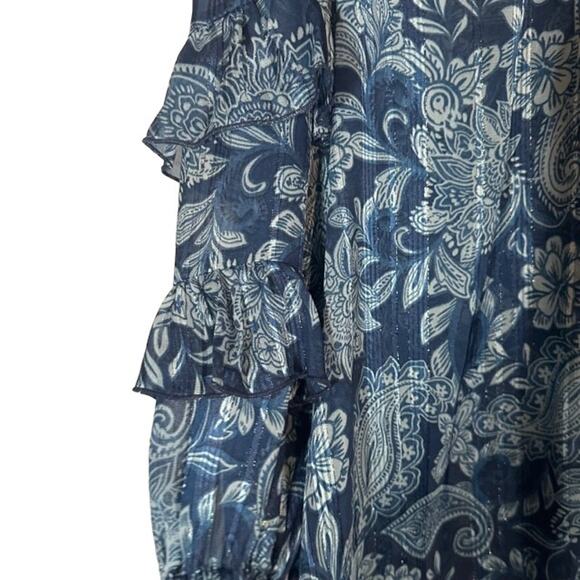 Frye & Co Blue Floral Ruffle Long Sleeve Dressy Button Down Blouse Women Sz XXL - Picture 3 of 10